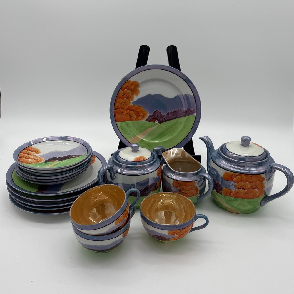 Vintage 1930s Japanese Lusterware Tea Set Hand Painted Clover Mark 18 Pc Lot - Picture 2 of 8